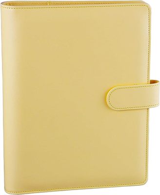 A5 PUレザー製バインダー 6つのリング ノートバインダーカバー A5の紙用 リフィルで補充できるA5サイズのパーソナルプランナー予算管理バインダー マグネット式のバックル閉じ イエロー